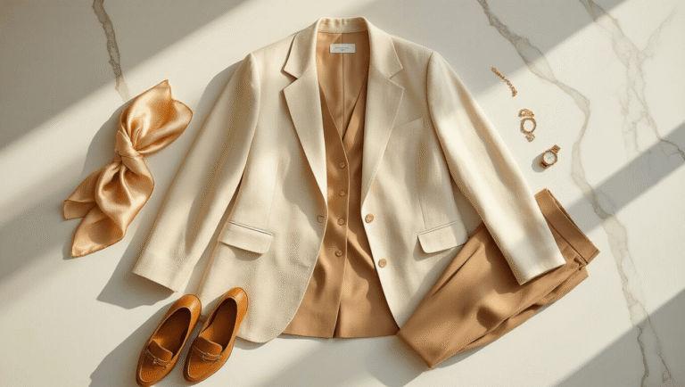 Flat lay of an oversized cream linen blazer paired with camel wool trousers, tan leather loafers, and delicate gold jewelry on a white marble surface, accented by a silk scarf and minimalist watch, all under warm natural lighting.