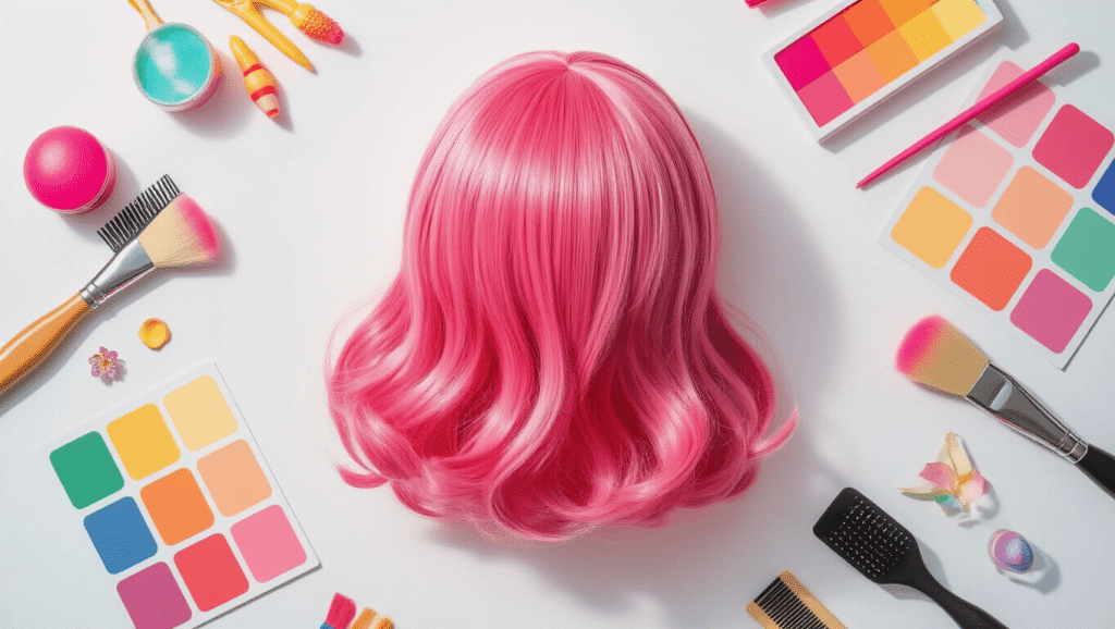 Vibrant pink anime-inspired wig styled with tools and colorful accessories on a clean white background, artfully arranged with soft warm lighting highlighting its texture.