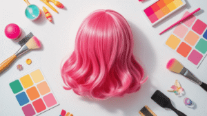 Vibrant pink anime-inspired wig styled with tools and colorful accessories on a clean white background, artfully arranged with soft warm lighting highlighting its texture.