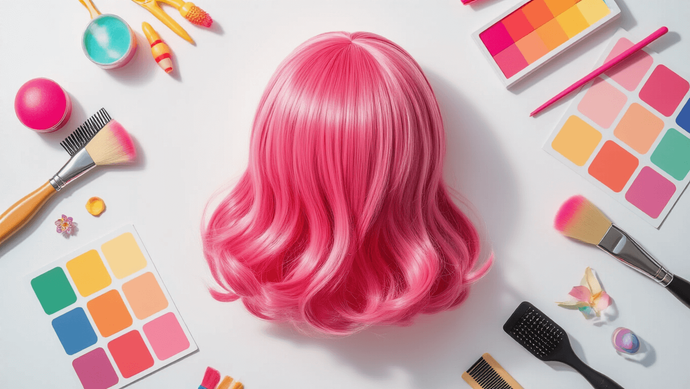 Vibrant pink anime-inspired wig styled with tools and colorful accessories on a clean white background, artfully arranged with soft warm lighting highlighting its texture.