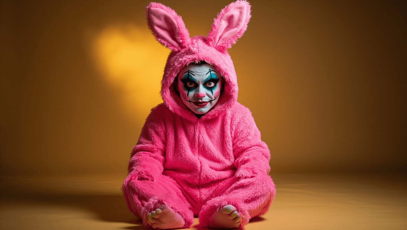 Vibrant neon pink fuzzy Labubu-inspired onesie costume with bunny ears, dramatic makeup, and warm studio lighting, set against a minimalist background.