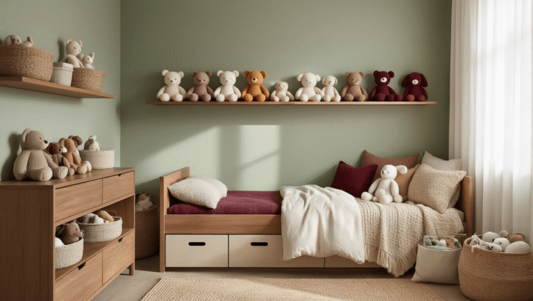 A cozy child's bedroom with walnut floating shelves displaying plush toys in a color gradient, sage green walls, neutral storage baskets, and layered linen bedding, all bathed in soft morning light.
