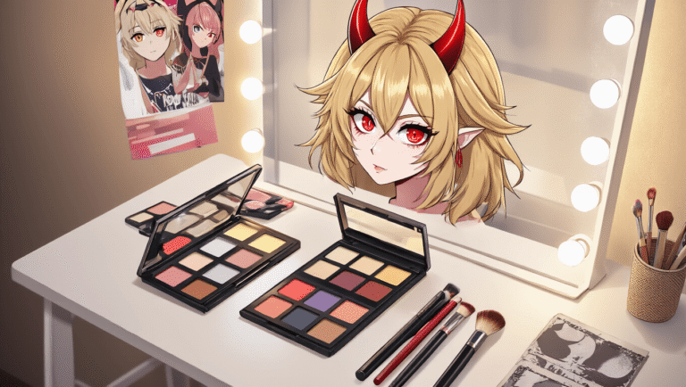 A clean vanity setup showcasing Power cosplay makeup transformation with a messy blonde wig, devil horns, dramatic anime-style eye makeup, and neatly arranged professional makeup tools in warm golden hour lighting.