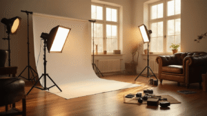 Professional photography studio setup with LED panels, softbox diffuser, and natural window light on hardwood floor, showcasing warm golden hour ambiance and inviting workspace atmosphere.