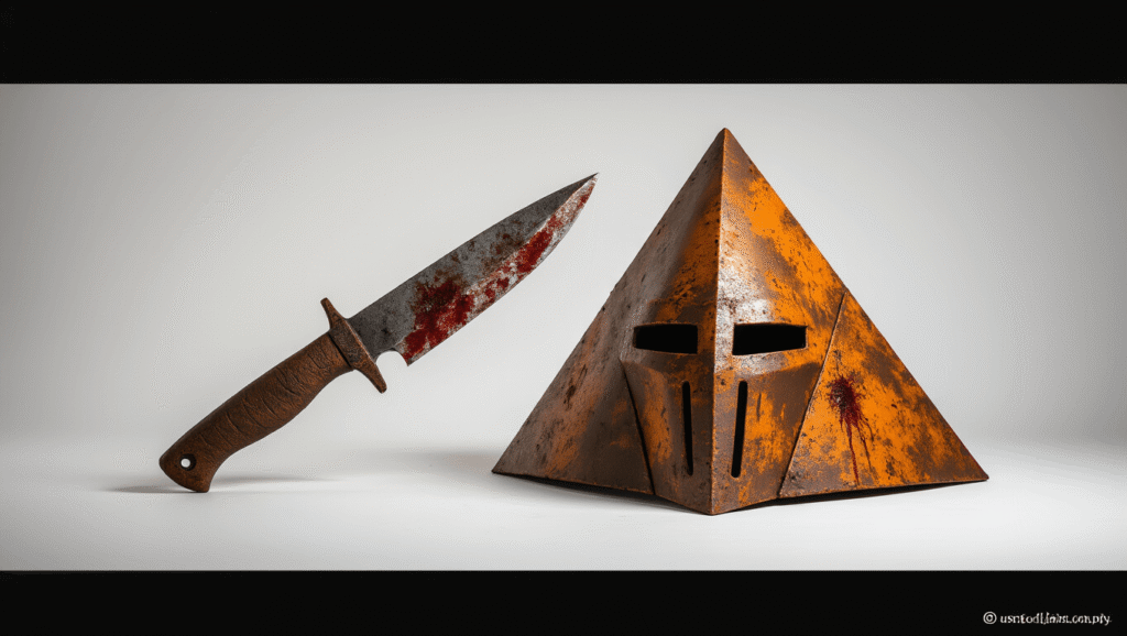 A weathered pyramid-shaped helmet made of rusty brown foam and an oversized knife prop, both showcasing distressed textures with orange rust and dark blood stains, set against a clean white background with warm dramatic lighting.