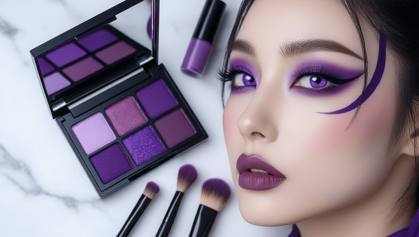 Flat lay of Raiden Shogun cosplay makeup essentials on a white marble surface, featuring deep violet contact lenses, a purple eyeshadow palette, black gel eyeliner, a contouring kit, and mauve lipstick, all arranged with sharp brushes and soft natural lighting for an elegant mood.