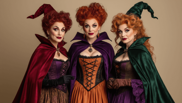 Three women dressed as the Sanderson Sisters from Hocus Pocus, in vibrant capes and period-style outfits, styled wigs, dramatic makeup, with a cozy autumn atmosphere and textured fabrics, against a clean neutral background.