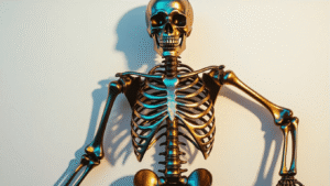 A skeleton costume with iridescent bone details, showcasing metallic accents and shimmering textures on a clean white background, highlighting its luxurious fabric quality and craftsmanship.