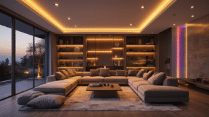 A cinematic wide shot of a sophisticated living room featuring layered LED mood lighting in warm and cool tones, showcasing rich textures with a plush velvet sofa, natural wood surfaces, and stone accents, all illuminated by dimmable smart bulbs and colorful accent strips during golden hour.