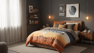 Cinematic overhead view of a luxury Star Wars-themed bedroom featuring a sophisticated duvet in Tatooine sunset colors, mid-century modern furniture, and warm lighting, emphasizing rich textures and details.