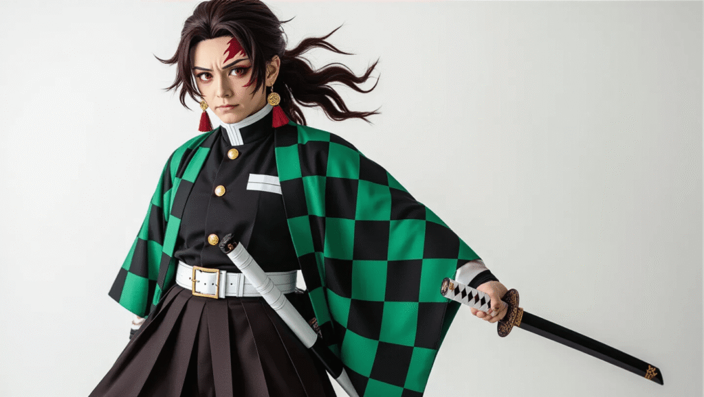 Detailed Tanjiro cosplay costume featuring a green and black checkered haori, black uniform with white belt, burgundy Hanafuda earrings, foam Nichirin sword, textured leg wraps, and a burgundy-black wig, all arranged on a white background with warm studio lighting.