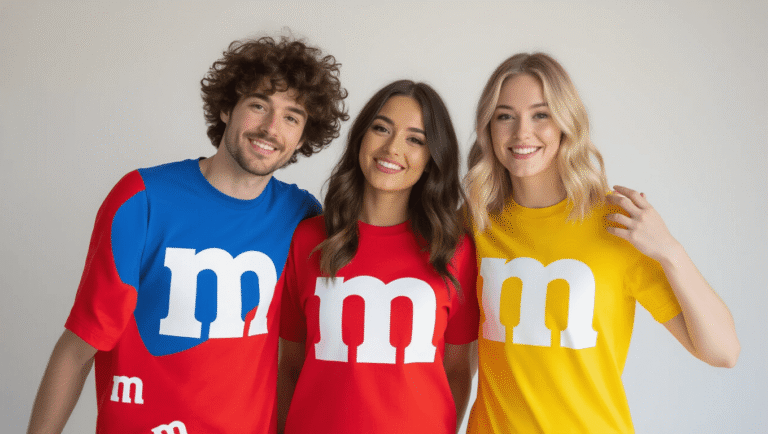 Three friends in bright M&M costumes with red, blue, and yellow fitted t-shirts featuring large white 'M' logos, playfully posed against a clean white background, illuminated by warm soft lighting.