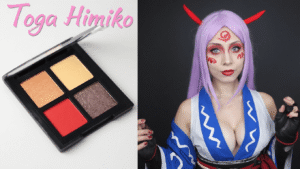 Cosplay makeup tutorial for Toga Himiko featuring techniques, products, and character transformation elements.