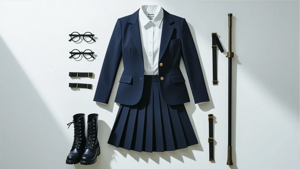 A navy blazer, white shirt, pleated dark skirt, and black combat boots are arranged on a white surface, complemented by round glasses and a sleek polearm weapon, capturing a blend of academic discipline and warrior practicality.
