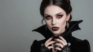 Dramatic vampire cosplay portrait with pale makeup, crimson contact lenses, and custom fangs, featuring a Victorian-inspired coat and gothic lighting against a dark background.