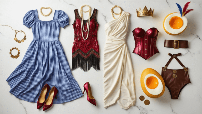 A flat lay of diverse costume pieces on a marble surface, including a blue gingham dress, 1920s flapper dress, white toga, pirate corset, superhero bodysuit, and deviled egg costume, adorned with vintage accessories in warm golden hour lighting.