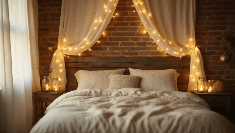 Cinematic bedroom filled with warm ambient light, featuring fairy lights draped over a rustic wooden headboard and soft morning light through ivory curtains, creating a cozy sanctuary with golden hour lighting and twinkling bokeh effects against exposed brick walls.