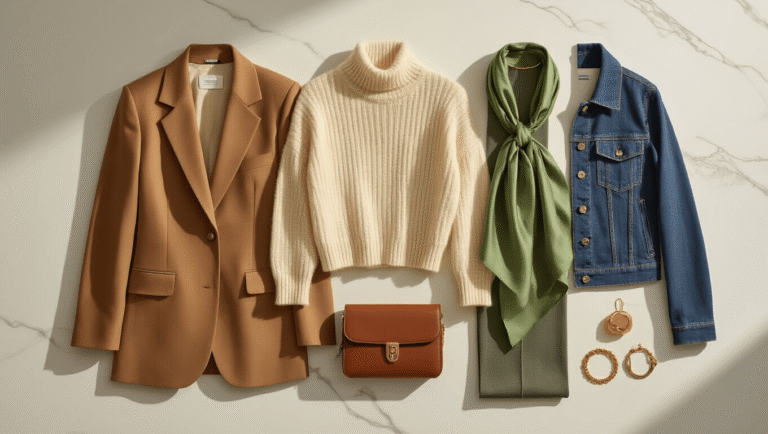 Sophisticated flat lay of women's fashion essentials including tailored camel blazer, charcoal wide-leg trousers, cream alpaca sweater, vintage denim jacket, sage green jumpsuit, and cobalt leggings on a marble surface, accented with gold jewelry and accessories, showcasing modern fashion trends in warm lighting.