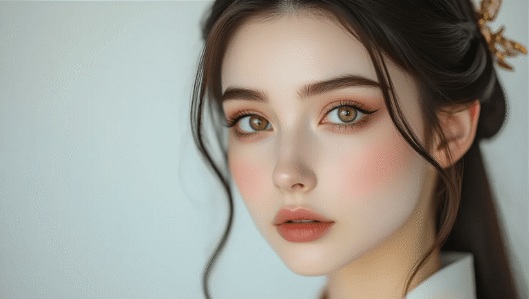 Ethereal cosplay portrait of a model with pale ivory foundation, soft brown eyeshadow, and muted rose lips, set against a clean white background with warm lighting and creamy bokeh.