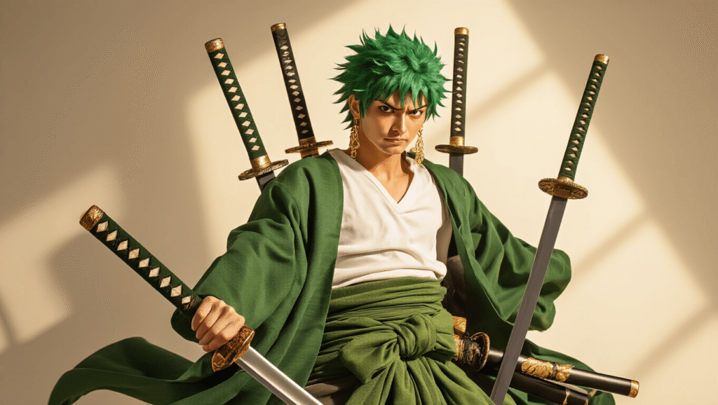 A meticulously arranged Zoro cosplay costume featuring a moss green haramaki wrap, crisp white t-shirt, and black tactical pants, displayed on a clean white background with warm golden lighting, accompanied by three foam katana swords, a spiky green wig, gold dangly earrings, and a black bandana, all emphasizing the character's iconic samurai aesthetic.