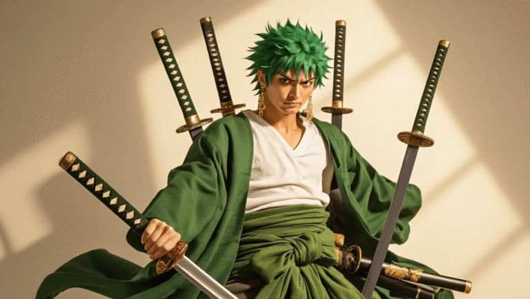 A meticulously arranged Zoro cosplay costume featuring a moss green haramaki wrap, crisp white t-shirt, and black tactical pants, displayed on a clean white background with warm golden lighting, accompanied by three foam katana swords, a spiky green wig, gold dangly earrings, and a black bandana, all emphasizing the character's iconic samurai aesthetic.