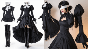 A detailed 2B cosplay costume featuring a flowing black gothic dress, thigh-high boots, and a white blindfold, elegantly displayed on a clean white background with soft warm lighting.