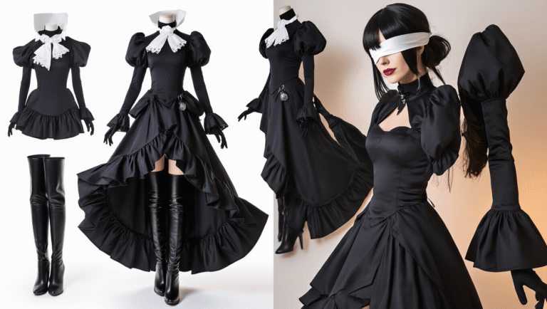 A detailed 2B cosplay costume featuring a flowing black gothic dress, thigh-high boots, and a white blindfold, elegantly displayed on a clean white background with soft warm lighting.