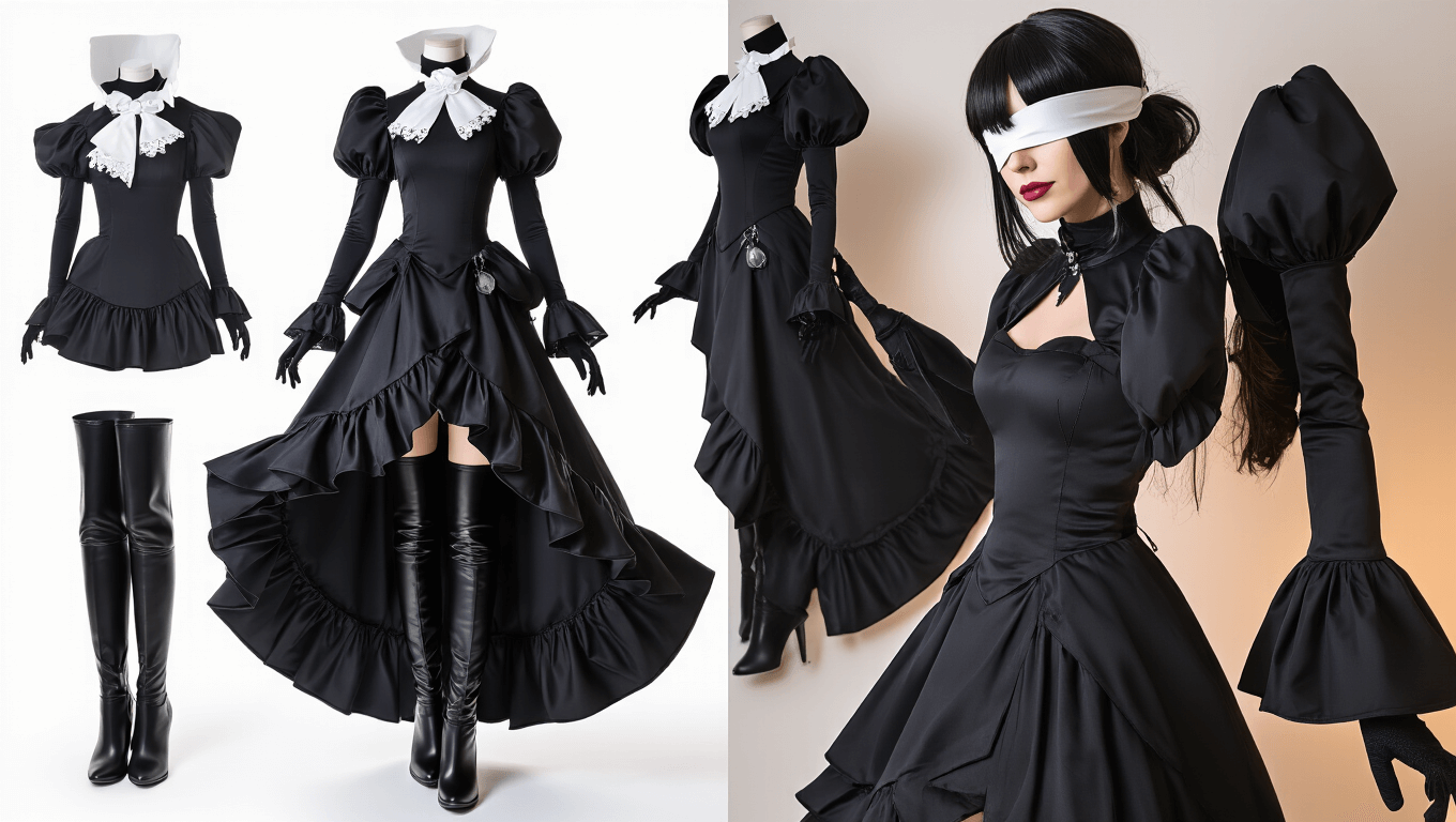 A detailed 2B cosplay costume featuring a flowing black gothic dress, thigh-high boots, and a white blindfold, elegantly displayed on a clean white background with soft warm lighting.