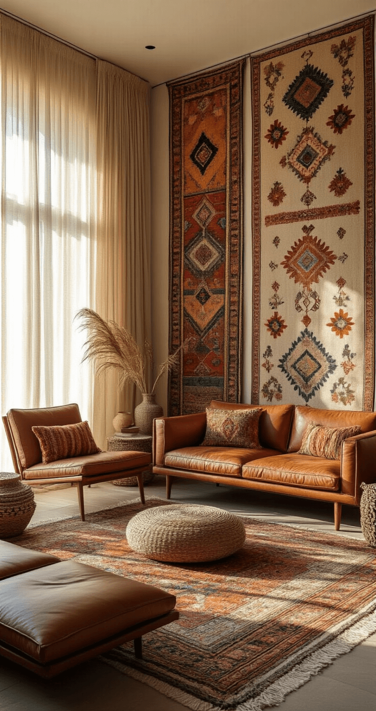 A wide shot of a serene bohemian living room with floor-to-ceiling ethnic textile wall panels in warm earth tones, golden hour sunlight streaming through sheer curtains, highlighting textured velvet and woven tapestries, low mid-century modern leather furniture, and macramé details.