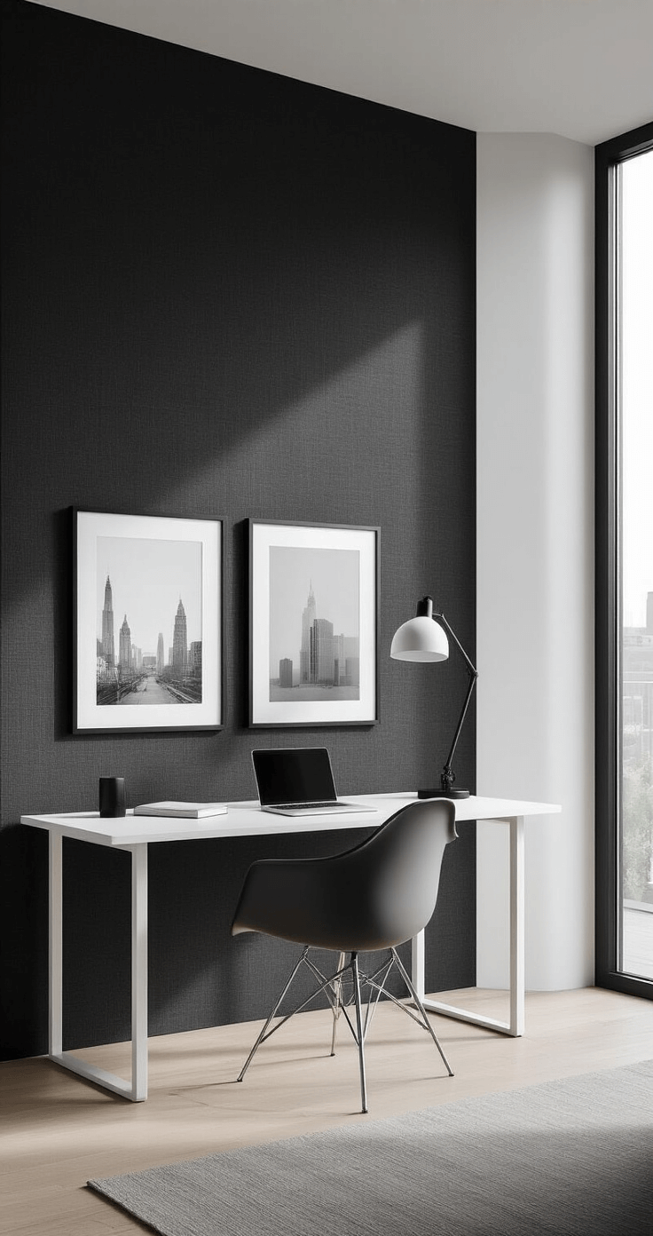 Minimalist home office featuring a charcoal linen fabric panel as a backdrop, a modern white desk with metallic legs, and black picture frames with architectural prints, all illuminated by soft morning light.