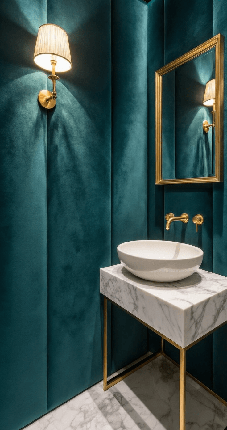 Luxurious powder room featuring deep teal velvet fabric on one wall, soft ambient lighting enhancing its texture, brass fixtures, a gold-framed mirror, and a marble countertop with a delicate vessel sink, creating an intimate atmosphere.
