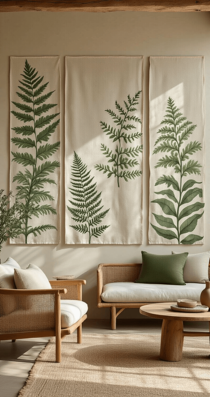 Nature-inspired living room featuring six large fabric panels with hand-drawn fern patterns on linen, illuminated by soft daylight, paired with organic wooden furniture and a green-earth tone palette, showcasing a gallery wall effect with subtle shadows.