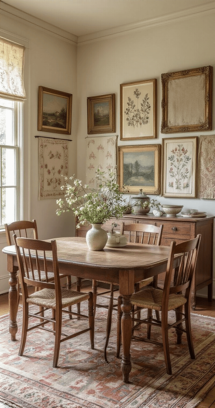 A cozy vintage dining room showcasing an eclectic collection of framed inherited fabrics, embroidered linens, and family heirlooms illuminated by warm afternoon light. An antique wooden dining table with mismatched chairs complements the muted color palette of aged ivory, soft rust, and faded indigo, highlighting the storytelling qualities of the textile pieces on the wall.