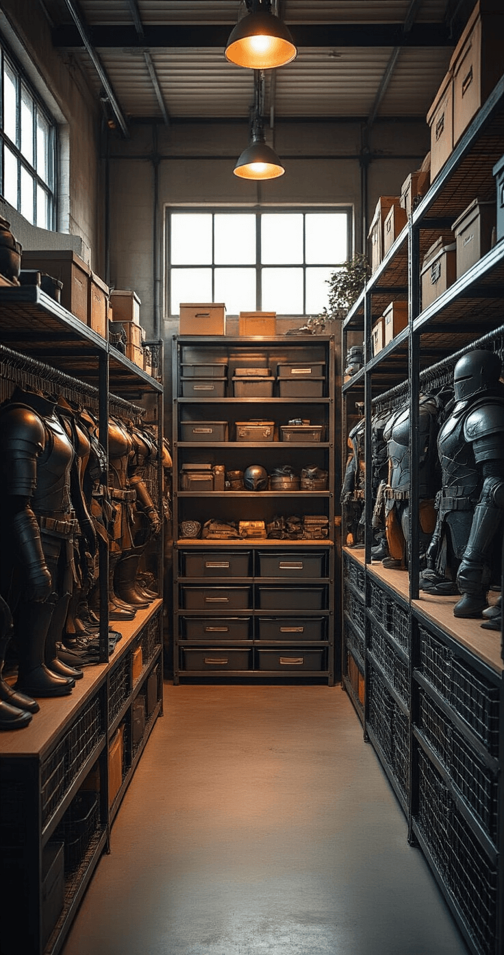 Creative Storage Solutions That Keep Your Armor Pieces Safe and Ready An industrial-style home studio with metal wire shelving, showcasing organized cosplay and armor storage, illuminated by warm tungsten lighting from large windows. The scene features floor-to-ceiling gray shelving with color-coded armor pieces, labeled bins in muted colors, and meticulously arranged costume elements, all captured from an overhead perspective with hyper-realistic textures.