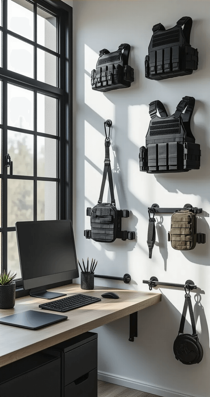 Creative Storage Solutions That Keep Your Armor Pieces Safe and Ready A minimalist home workspace features a wall-mounted storage system with heavy-duty black metal hooks holding various tactical armor pieces against clean white walls, illuminated by soft morning light.