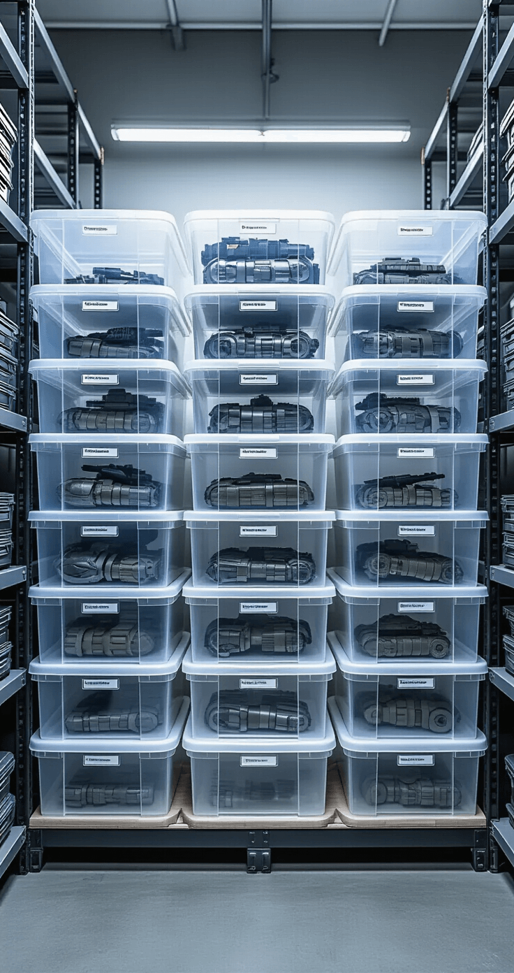 Creative Storage Solutions That Keep Your Armor Pieces Safe and Ready Professional storage solution with clear stackable containers in a grid, featuring handwritten labels and organized armor components, set on gray concrete floor with industrial shelving and soft studio lighting.