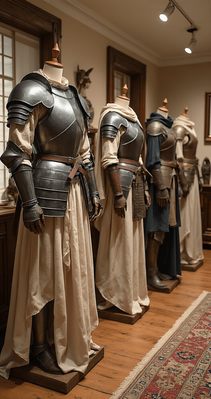 Creative Storage Solutions That Keep Your Armor Pieces Safe and Ready A wide-angle view of a dedicated costume mannequin display area in a softly lit home studio, featuring various armor sets covered in breathable fabric, set on vintage wooden flooring. Multiple mannequins of differing heights showcase complete costumes from diverse characters and periods, with lightweight muslin draped over intricate pieces, all highlighted by warm ambient lighting that creates dramatic shadows, emphasizing preservation and display techniques.