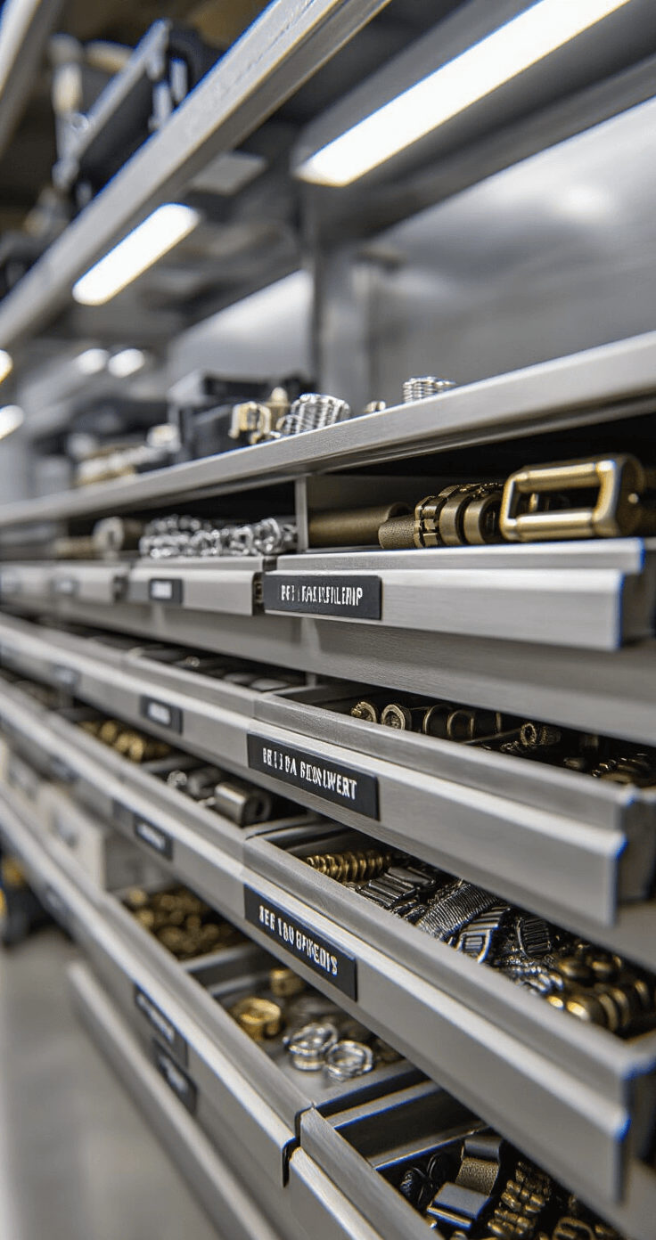 Creative Storage Solutions That Keep Your Armor Pieces Safe and Ready Close-up of a precision drawer organization system for small armor components, featuring industrial-grade pull-out compartments filled with neatly labeled buckles, fasteners, and repair supplies, illuminated by soft overhead lighting against a concrete backdrop.