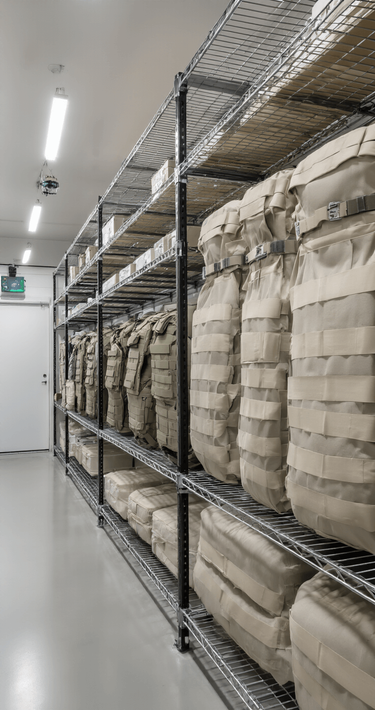 Creative Storage Solutions That Keep Your Armor Pieces Safe and Ready A modern climate-controlled armor storage room featuring specialized shelving, dehumidifiers, and protective storage techniques, with foam armor pieces neatly arranged and silica gel packets placed for preservation. Soft diffused lighting highlights the organized, clean environment focused on optimal preservation practices.