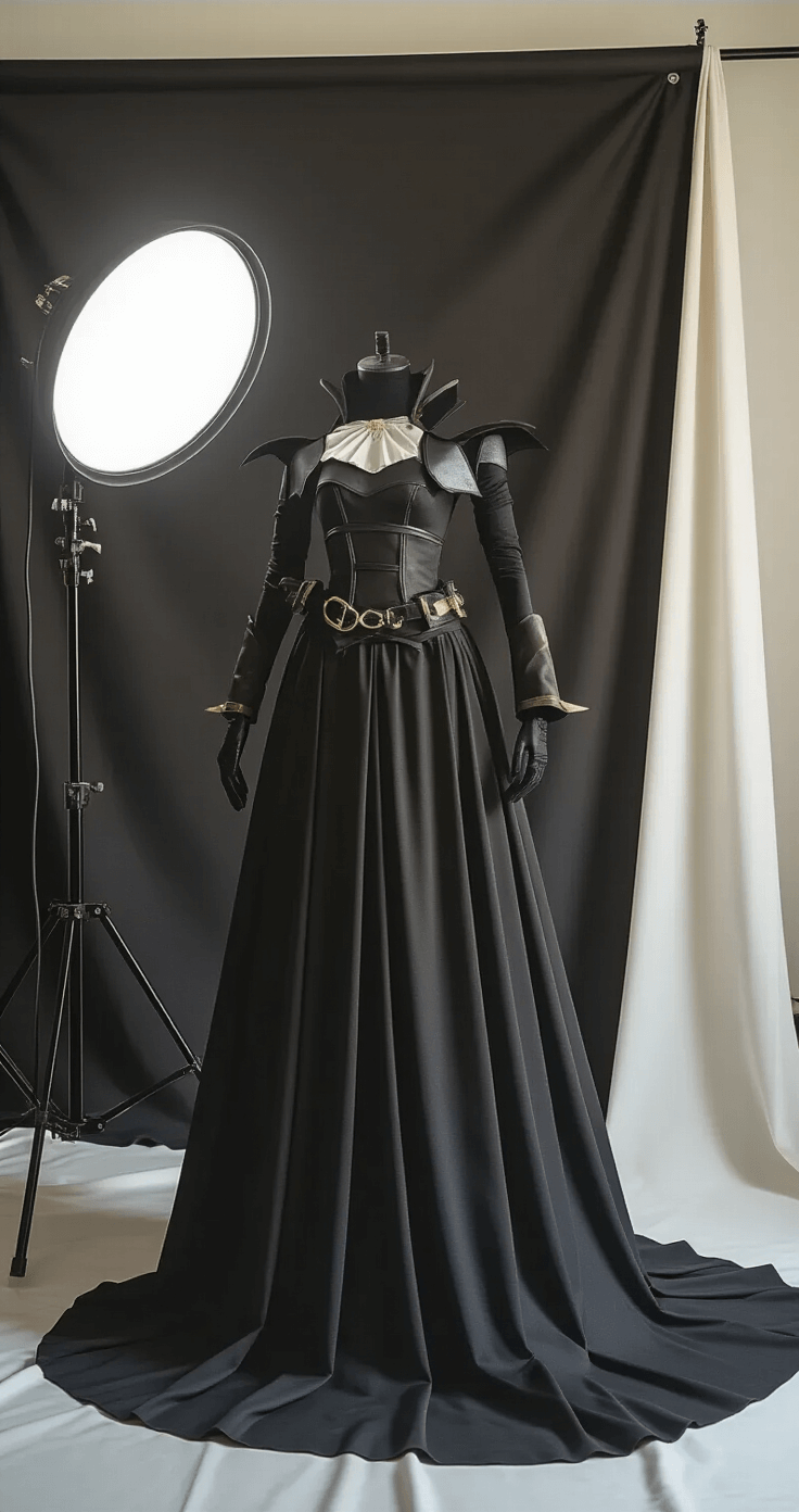 A cosplay model poses in a detailed costume against a sleek matte black backdrop, softly illuminated by a ring light, showcasing crisp edges and intricate textures in high-resolution detail, with minimal shadows and clean lines.