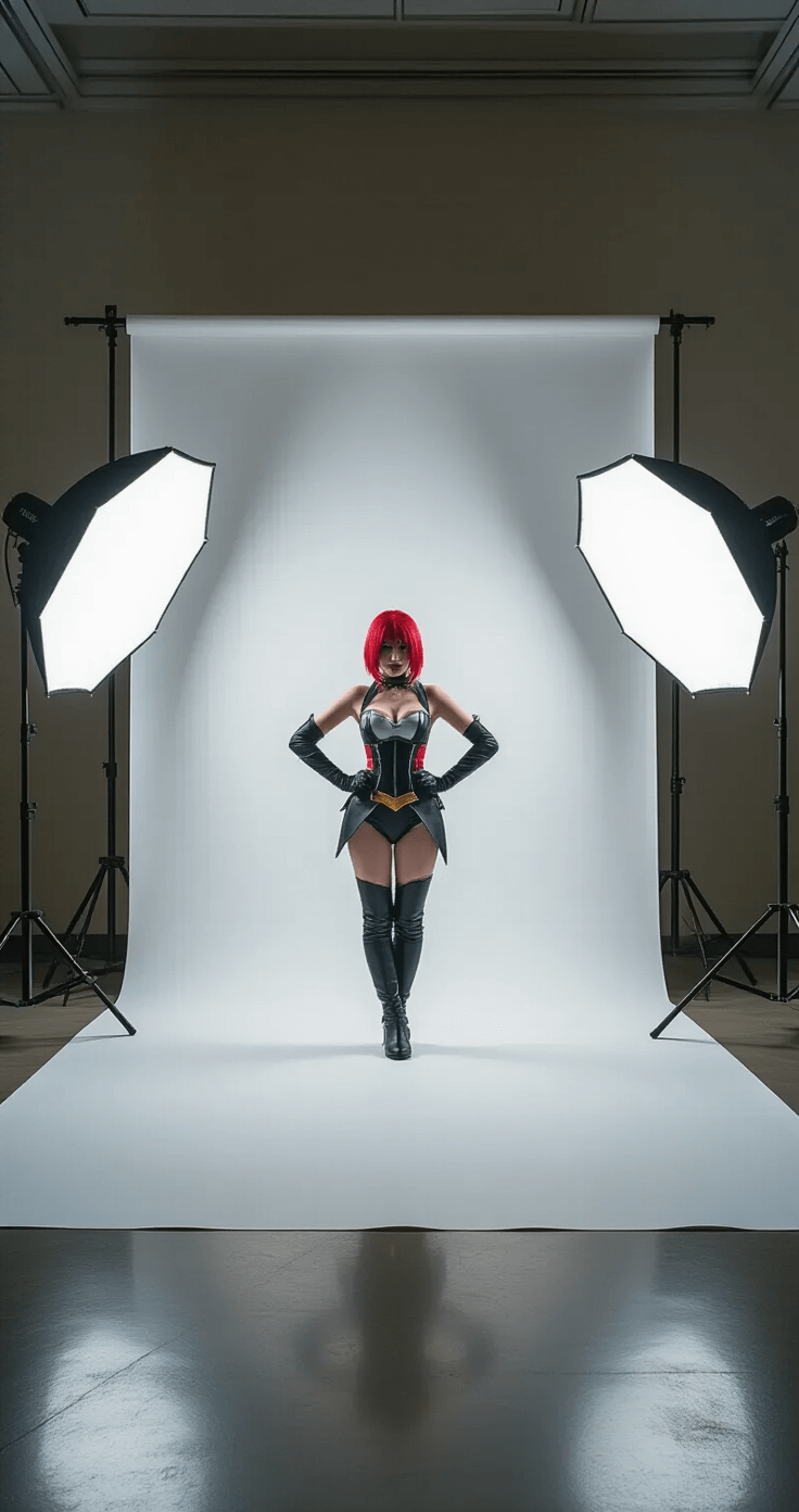 A dramatic cosplay pose set against a seamless white infinity wall, with soft umbrella lights creating balanced highlights and shadows, emphasizing the costume's details and silhouette in a minimally staged, professional composition.