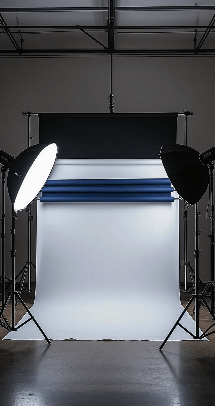 A professional photography setup featuring a backdrop stand with black, white, and midnight blue interchangeable fabric backgrounds, complemented by umbrella lights at 45-degree angles, highlighting crisp textures of cosplay costumes in a modular and adaptable environment.