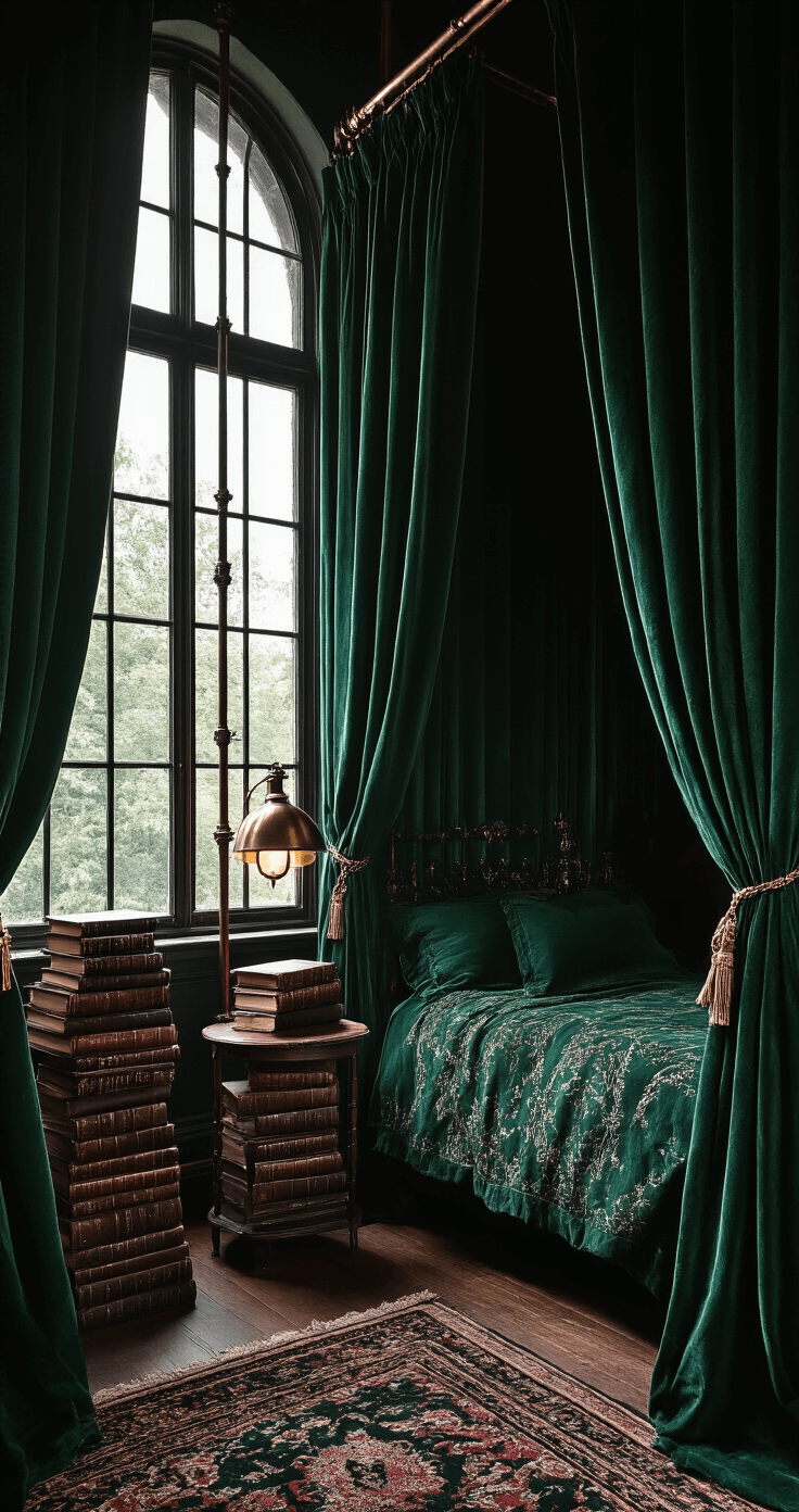 A moody dark academia bedroom featuring deep emerald velvet curtains, vintage leather-bound books on antique side tables, rich jewel-toned bedding, and dim lighting from a brass lamp, captured from a low angle to highlight dramatic shadows and structural elements.