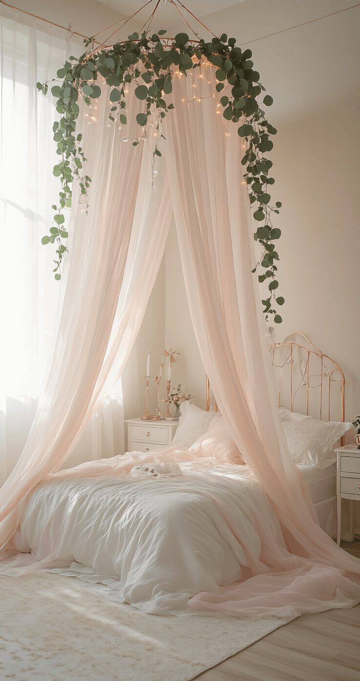 A dreamy princess-style bedroom with a blush pink and white canopy made of sheer fabrics, accented with fairy lights, crystal and rose gold details, minimal white furniture with gold trim, and a fresh eucalyptus garland, all illuminated by soft morning light for a romantic and ethereal atmosphere.