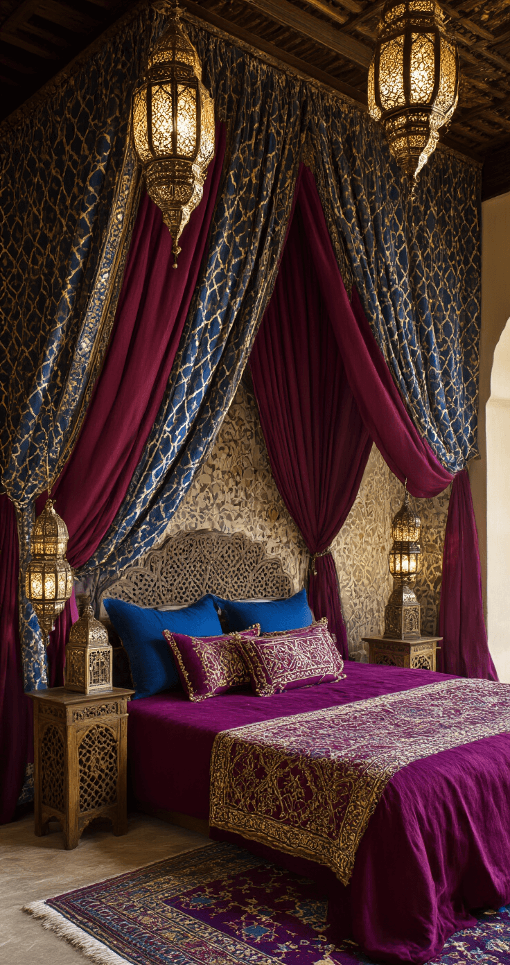 A lavish Moroccan fantasy bedroom with rich jewel-toned fabrics in burgundy and sapphire, showcasing geometric patterned curtains, embroidered throw pillows, ornate brass lanterns casting intricate shadows, and carved wooden side tables with mother-of-pearl inlays, captured from a wide overhead angle emphasizing its complexity and dramatic lighting.