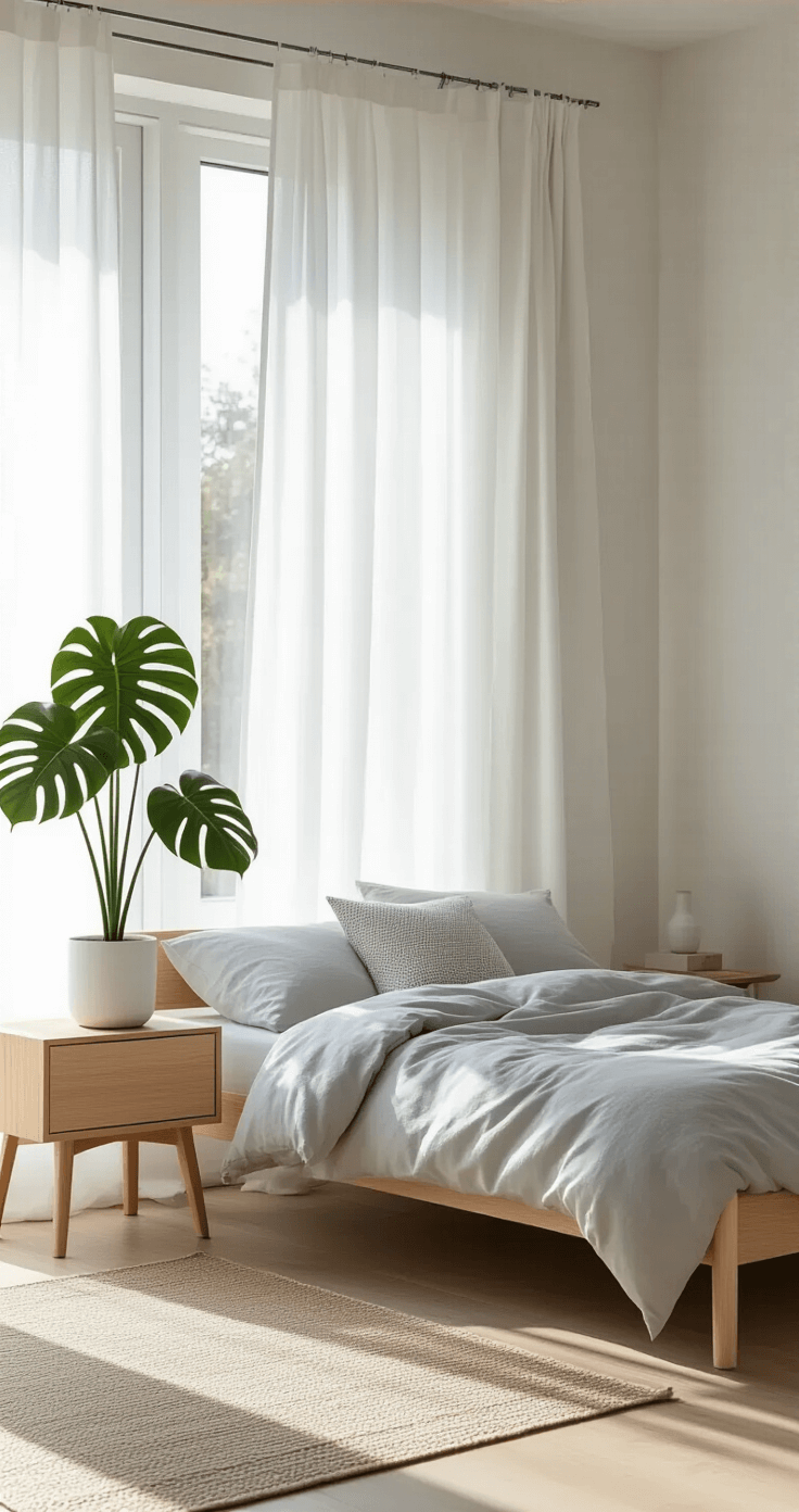 Minimalist Scandinavian canopy bedroom featuring white linen curtains, light oak furniture, a monstera plant in a white pot, and soft gray bedding, with early morning light casting gentle shadows.