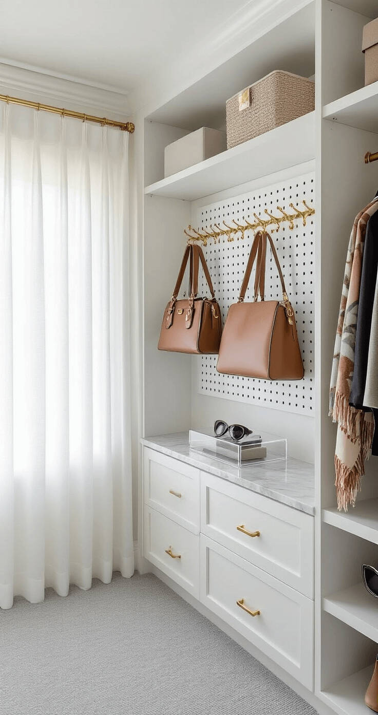 How I Finally Stopped Losing My Favorite Earrings (And Found Space I Didn't Know I Had) Aerial view of a beautifully organized walk-in closet with natural morning light, showcasing a white pegboard with brass hooks for designer handbags, a multi-tiered scarf rack, and an acrylic sunglasses organizer on a marble dresser, all set on soft gray carpet.