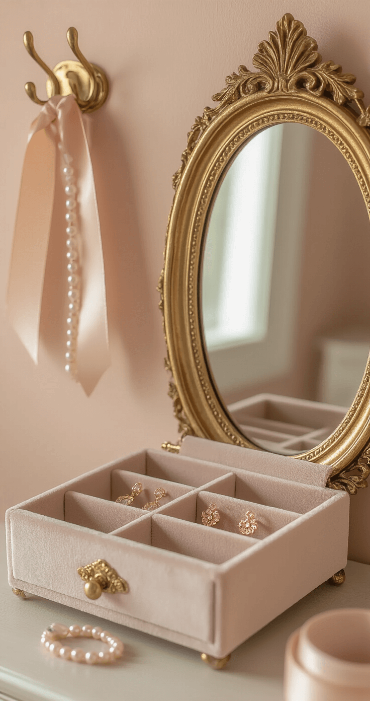 How I Finally Stopped Losing My Favorite Earrings (And Found Space I Didn't Know I Had) An elegant jewelry styling station with a vintage gold-framed mirror, showcasing a velvet-lined drawer organizer filled with rose gold earrings and pearl necklaces, illuminated by soft diffused lighting against a blush-toned wall adorned with decorative ribbons and brass hooks.