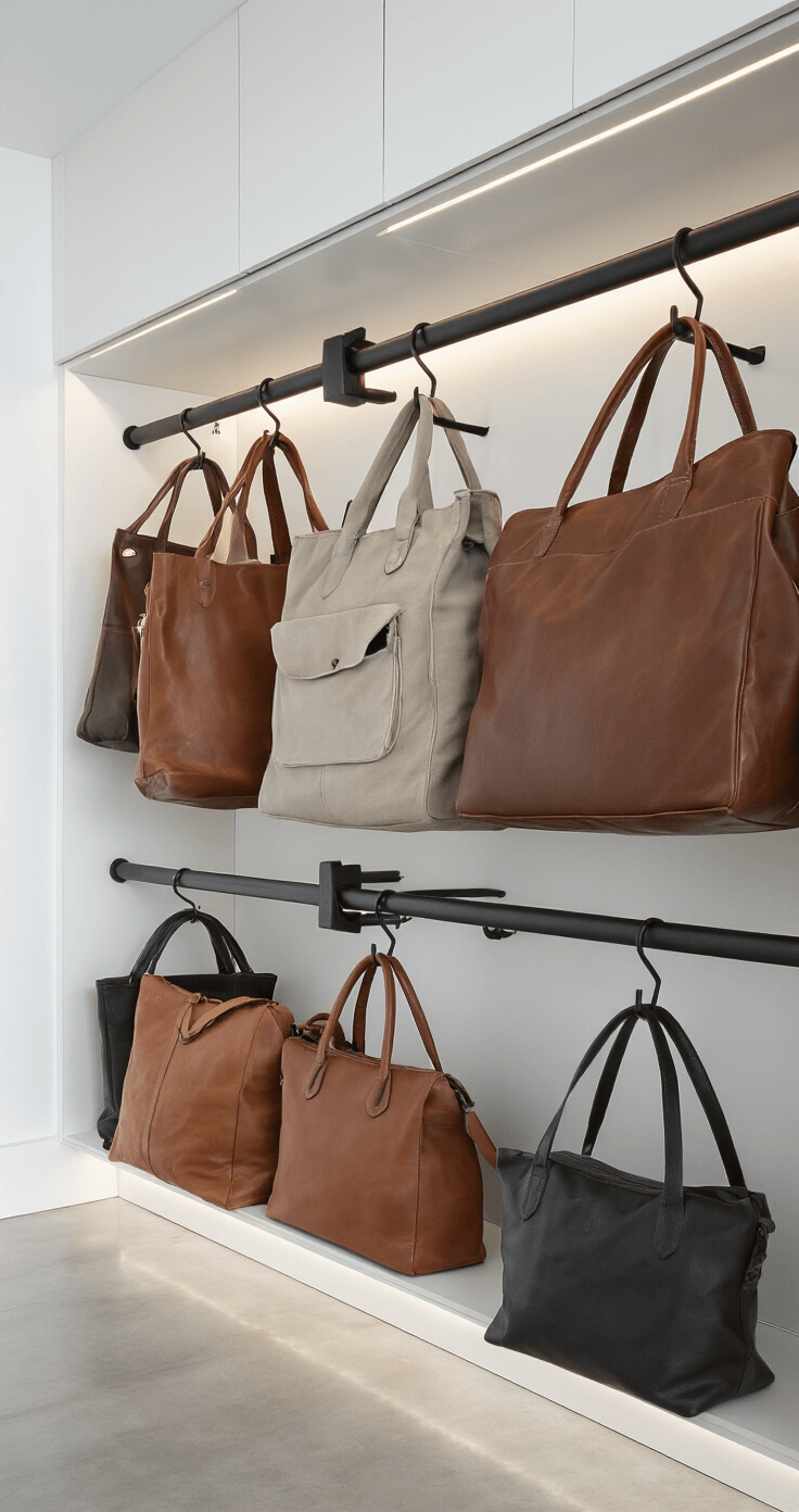 How I Finally Stopped Losing My Favorite Earrings (And Found Space I Didn't Know I Had) A modern urban closet featuring matte black tension rods and S-hooks, elegantly displaying a collection of neutral-toned leather and canvas bags against crisp white walls and concrete flooring, accentuated by under-cabinet lighting. The wide-angle view highlights vertical storage and minimalist design.