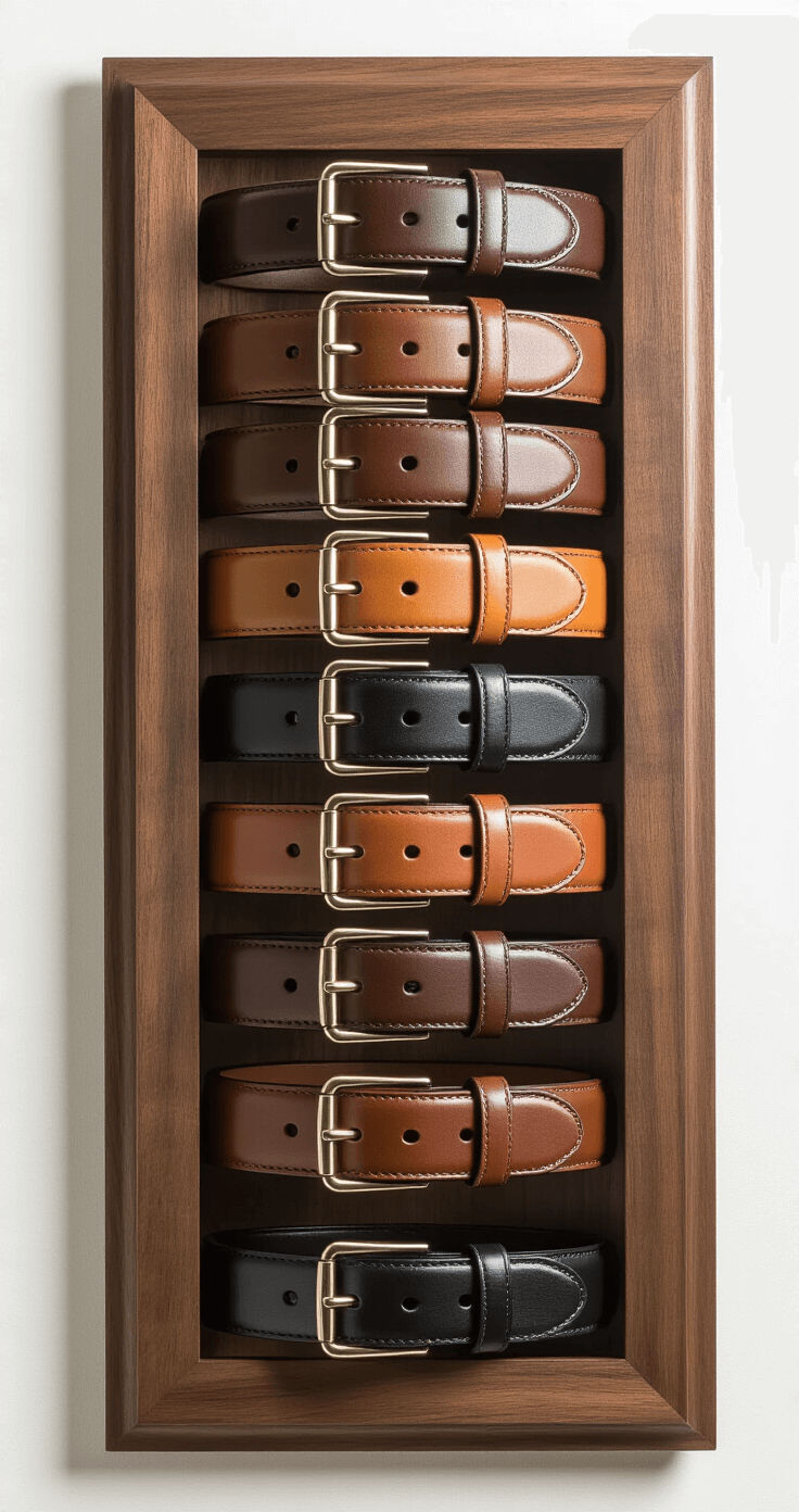 How I Finally Stopped Losing My Favorite Earrings (And Found Space I Didn't Know I Had) A neatly organized belt storage system mounted on a walnut wood panel, showcasing six leather belts in cognac, chocolate, and black, illuminated by soft side lighting that accentuates their textures and buckles, captured from a slightly elevated angle.